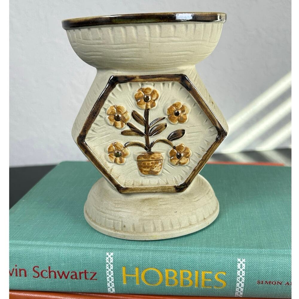 VTG 70s- Candle Holder Pillar Stand- Tan Brown Florals- hexagon 70s- has wear